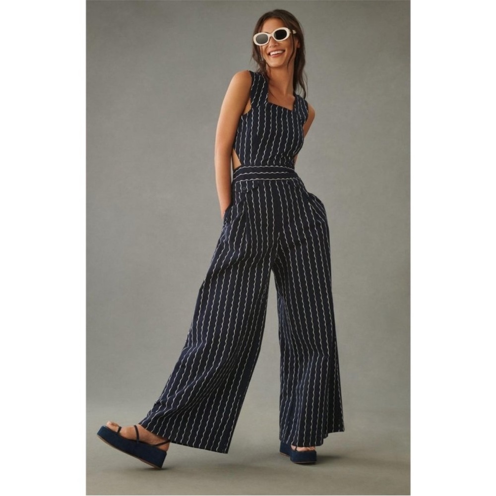 Maeve Anthropologie Derby Day Nautical Pinafore Navy Stripe Wide Leg Jumpsuit 14